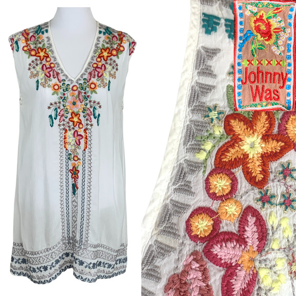 Johnny Was Dresses & Skirts - Johnny Was White Silk Embroidered Top RusticLuxury Boho Gypsy Hippie ShabbyChic